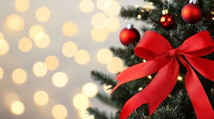 Poster - Christmas tree covered in lights with red ribbons, bokeh orbs glowing gently, set against a neutral canvas backdrop 