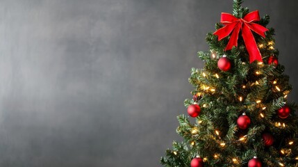 Canvas Print - Christmas tree covered in lights with red ribbons, bokeh orbs glowing gently, set against a neutral canvas backdrop 