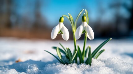 Sticker - Close-up of snowdrop flowers emerging from the snow-covered ground, bright white petals glowing in the winter sun, soft blue sky above 