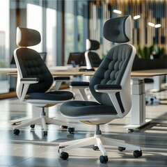 A set of two modern office chairs with black fabric and white frames, each chair has an ergonomic headrest on the backrest.