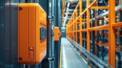 Orange colored computer hard drive mounted on a modern factory wall.