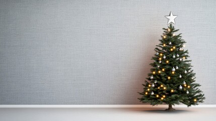 Wall Mural - Elegant Christmas tree with silver garlands and star topper, surrounded by vibrant bokeh lights on a textured canvas background 