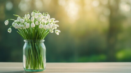 Poster - Elegant snowdrop flowers arranged in a glass vase, set on a wooden table with soft natural light filtering through a window, cozy winter interior 