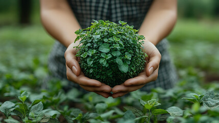 two hands gently cradle a vibrant green earth against a soft, blurred green bokeh background, symbol