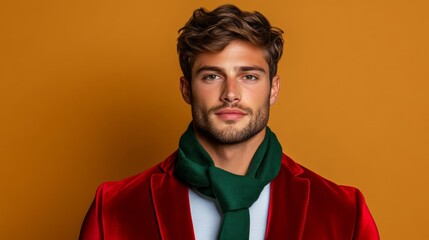 Fashionable man with chiseled features in a red velvet Christmas blazer and scarf on a warm gold-to-burgundy gradient background 