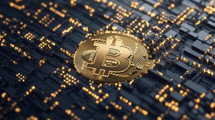 This is a background representing blockchain technology and Bitcoin cryptocurrency, featuring elements like binary code and bits.



