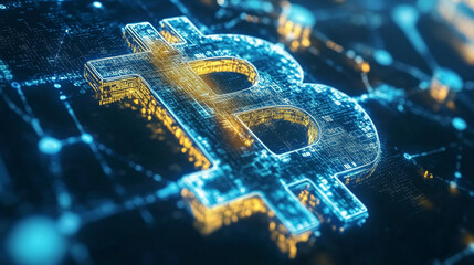 This is a background representing blockchain technology and Bitcoin cryptocurrency, featuring elements like binary code and bits.



