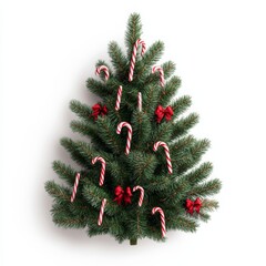 Wall Mural - Festive Christmas tree with candy canes and red ribbons hanging on its branches isolated on white background 