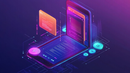 Create an isometric icon representing account authorization and authentication, focused on mobile application development.