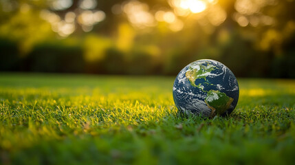 Wall Mural - Two hands gently cradle a vibrant green Earth against a soft, blurred green bokeh background, symbolizing environmental care, global unity, and sustainability