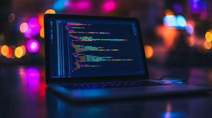  This illustration showcases a laptop computer with lines of code displayed on the screen, representing the software development process. 