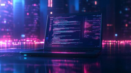  This illustration showcases a laptop computer with lines of code displayed on the screen, representing the software development process. 