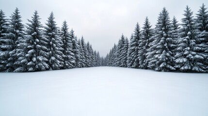 Wall Mural - Frosty pine forest under a soft, cloudy winter sky with a serene blanket of snow covering the forest floor 