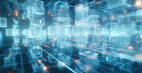 Leinwandbilder - Cyber security grid with encrypted firewalls, digital locks, and data streams protecting sensitive information in a digital environment.