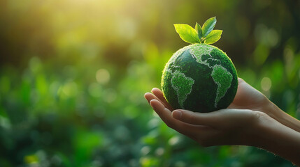 Poster - Two hands gently cradle a vibrant green Earth against a soft, blurred green bokeh background, symbolizing environmental care, global unity, and sustainability