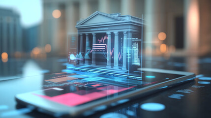 A 3D concept of online banking displayed on a mobile phone, featuring services, currencies, and financial graphs. The design highlights digital banking, real-time transactions, and global financial tr
