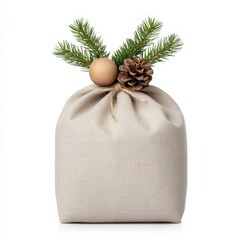 Wall Mural - Handcrafted Christmas gift wrapped in eco-friendly fabric with wooden ornaments isolated on white background 