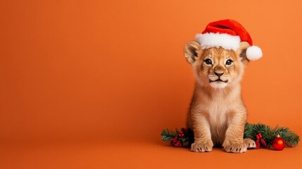 Sticker - Happy lion cub wearing a Santa hat beside holiday garlands on a warm sunset-orange gradient background 