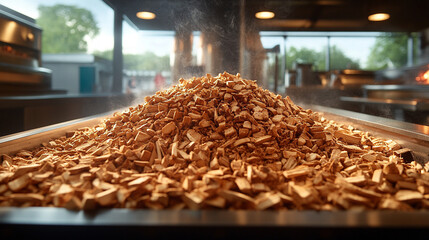 close-up of wood chips in a smoker generating fragrant smoke. Symbolizing tradition, craftsmanship, and the transformation of raw materials into rich flavors, evoking warmth and culinary artistry