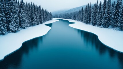 Poster - Icy river flowing through a snow-covered forest with a large blank sky for winter text 