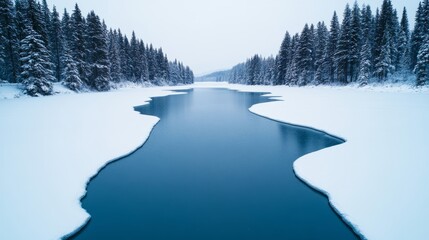 Sticker - Ice-covered lake surrounded by snow-covered trees under a pale winter sky with room for text 