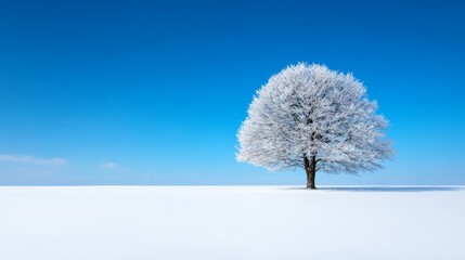 Wall Mural - Isolated snow-covered tree on a vast white plain with empty blue sky for winter-themed text overlay 