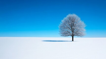 Canvas Print - Isolated snow-covered tree on a vast white plain with empty blue sky for winter-themed text overlay 