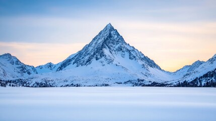 Poster - Jagged snow-capped mountains rising from a tranquil snowy valley under a soft pastel-colored winter sky 