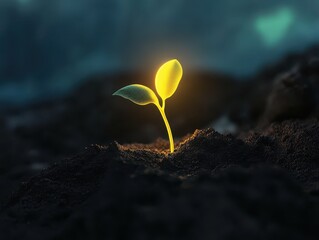 Wall Mural - A small, glowing seedling emerges from dark soil, symbolizing growth and renewal in a serene environment.