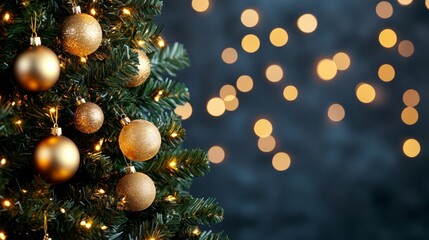 Poster - Lush Christmas tree with golden decorations and twinkling lights, softly blurred background evoking holiday magic 