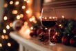 © ChaoticMind - A red wine glass is elegantly placed as part of a holiday decor setting, with glowing lights creating a bokeh effect that enhances the warm and festive ambiance.