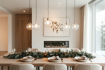 a modern dining room with a long table adorned with festive greenery and elegant lighting, creating 