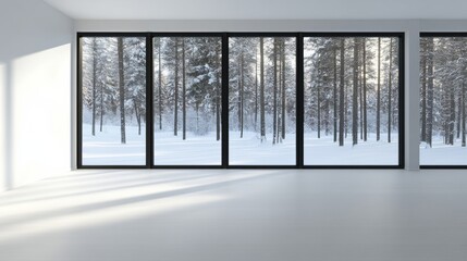 Wall Mural - Modern cottage window showcasing a quiet, sunlit forest blanketed in snow, soft sunlight glowing through frosty trees, isolated on a white background 