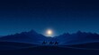 © fotogurmespb - Nighttime desert scene with the three wise men traveling by camel, the bright star of Bethlehem guiding their way, dunes glowing under the moonlight