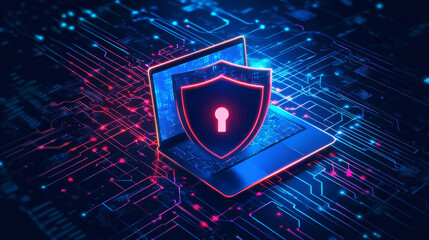 Cybersecurity and data protection concept on a blue background, focusing on cyberattacks. Emphasizes database security and software development for online protection. Features a laptop secured with a 