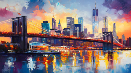 Wall Mural - oil painting on canvas, new york city - beautiful bridge manhattan with manhattan and brooklyn bridg