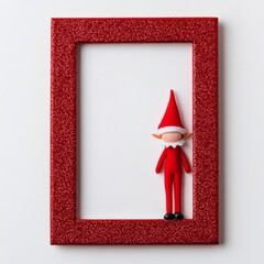 Canvas Print - Playful red Christmas picture frame covered in glitter with a small elf figure in the corner isolated on white background 