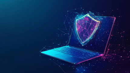 An online security concept illustrating cyber security and data protection against cyberattacks, set against a blue background. This low poly vector illustration features a laptop safeguarded by a shi