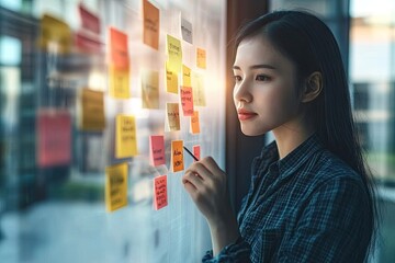 Mujer joven elaborando una estrategia de marketing en una pizarra blanca, rodeada de post-its de colores y gráficos. La escena muestra su interacción con el equipo, destacando la colaboración y la cre