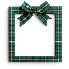 Wall Mural - Red and green plaid Christmas picture frame with a festive bow at the corner isolated on white background 