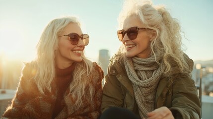 Two women sporting sunglasses and cozy attire share a joyful moment outdoors on a sunny day, symbolizing companionship, warmth, and the joy of shared experiences.