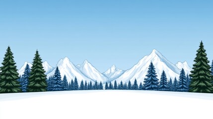 Wall Mural - Serene winter landscape with distant snowy mountain range, clear skies, and snow-covered forest below 