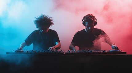 Two DJs are performing on stage, surrounded by swirling red and blue smoke, creating a vibrant and dynamic atmosphere in a modern club setting.