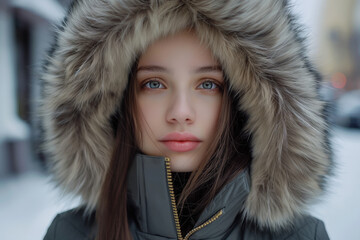 Glamour female model woman wearing winter fashion a fur coat with a hood over her head