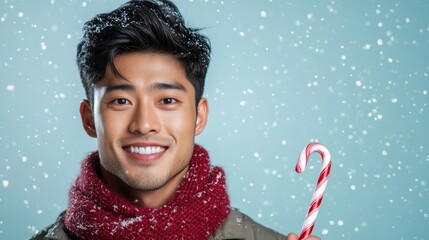 Poster - Smiling Asian man in a festive scarf holding a candy cane on a snowy blue-to-white gradient background 