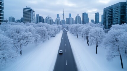 Canvas Print - Snow falling over a modern city skyline with frosted trees and icy streets under a cloudy winter sky 