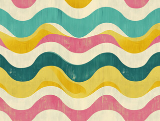 Funky retro wallpaper design with multicoloured stripes in a playful wiggly design. The vibrant blend like mustard, teal, and pink shades in a striking visual pattern vintage grunge paper texture.