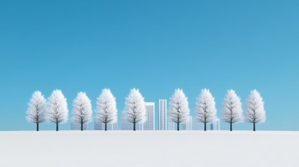 Sticker - Snow-covered city skyline with modern buildings and frosted trees under a clear blue winter sky 