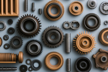 Wall Mural - Assorted mechanical parts including gears, nuts, bolts, and screws arranged in a flat lay on a gray background, showcasing various shapes and sizes in metallic and bronze finishes.