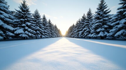 Wall Mural - Snow-covered pine forest with soft sunlight filtering through the trees and a blanket of fresh snow on the ground 